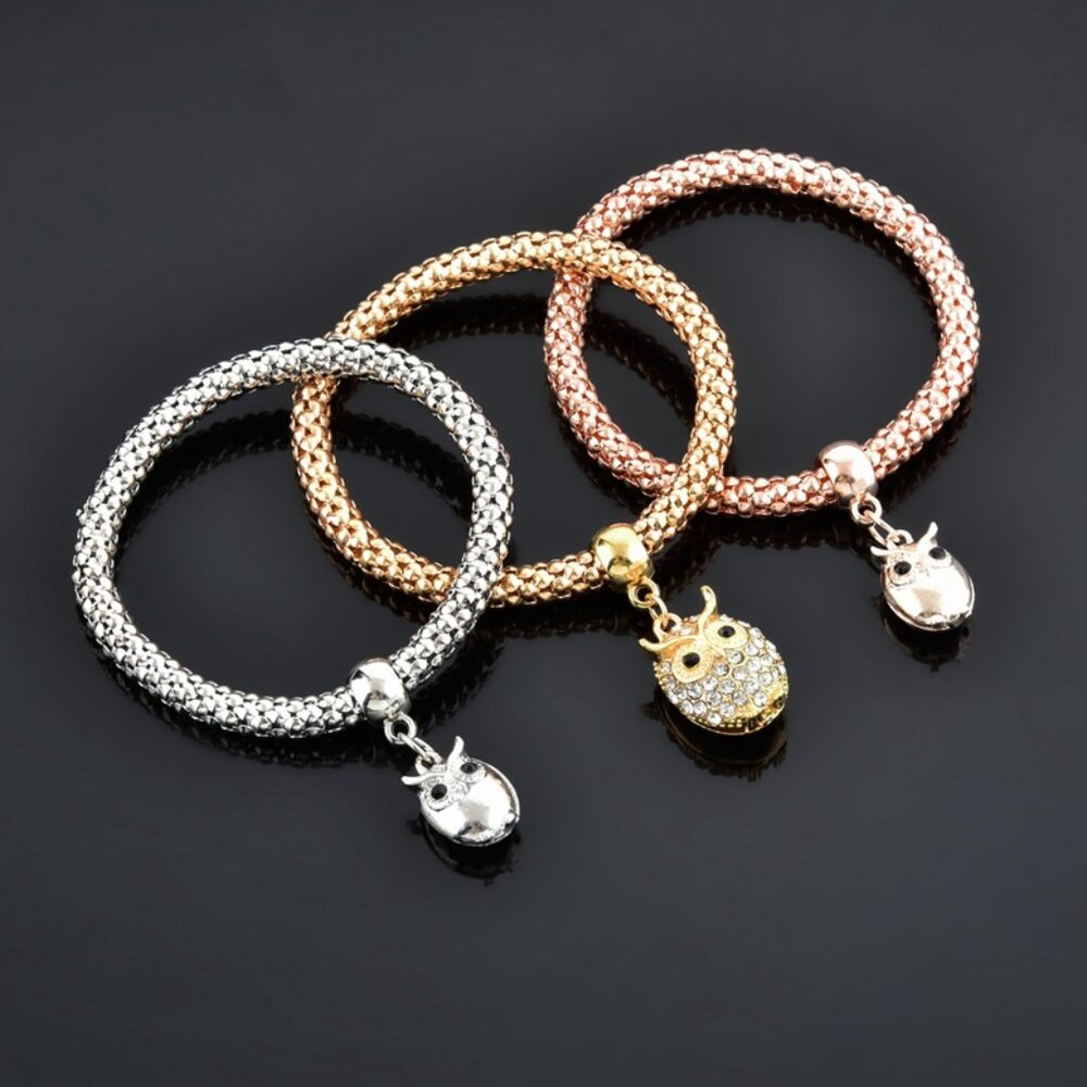 Tri-Tone Owl Charm Bracelet Set – Wise Sparkle Trio - Picture 5 of 15